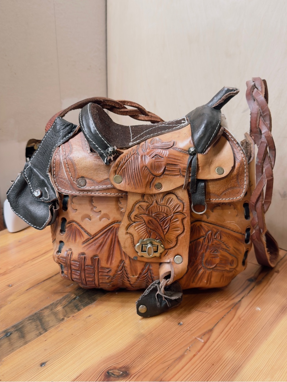 Vintage Handcrafted Tooled Leather Saddle Bag - Brown